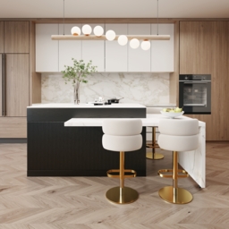 205 - 284 cm Modern Extendable White Marble Pattern Kitchen Island with Doors and Drawers - thumbnail 2