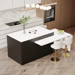 205 - 284 cm Modern Extendable White Marble Pattern Kitchen Island with Doors and Drawers - thumbnail 4