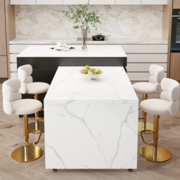 205 - 284 cm Modern Extendable White Marble Pattern Kitchen Island with Doors and Drawers - thumbnail 6