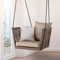 Traditional Outdoor Hanging Chair Rattan Porch Swing Chair with Khaki Cushion Pillow - thumbnail 1