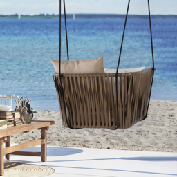 Traditional Outdoor Hanging Chair Rattan Porch Swing Chair with Khaki Cushion Pillow - thumbnail 3