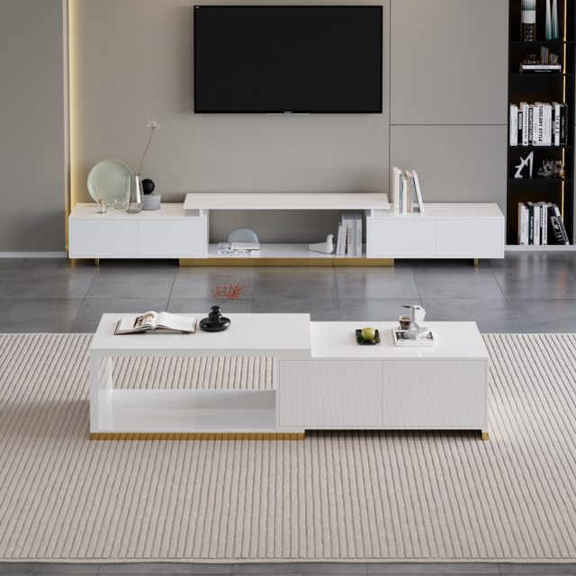 Living Room Cabinet Set Rectangle Glossy White Extendable TV Stand & 1798 mm Glossy White Coffee Table Set - image 1