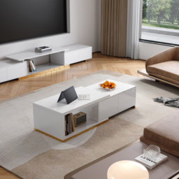 Living Room Cabinet Set Rectangle Glossy White Extendable TV Stand & 1798 mm Glossy White Coffee Table Set - thumbnail 3