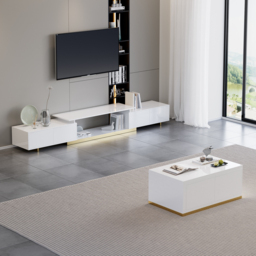 Living Room Cabinet Set Rectangle Glossy White Extendable TV Stand & 1798 mm Glossy White Coffee Table Set - thumbnail 2