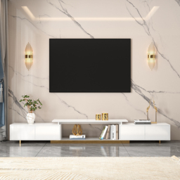 Living Room Cabinet Set Rectangle Glossy White Extendable TV Stand & 1798 mm Glossy White Coffee Table Set - thumbnail 6