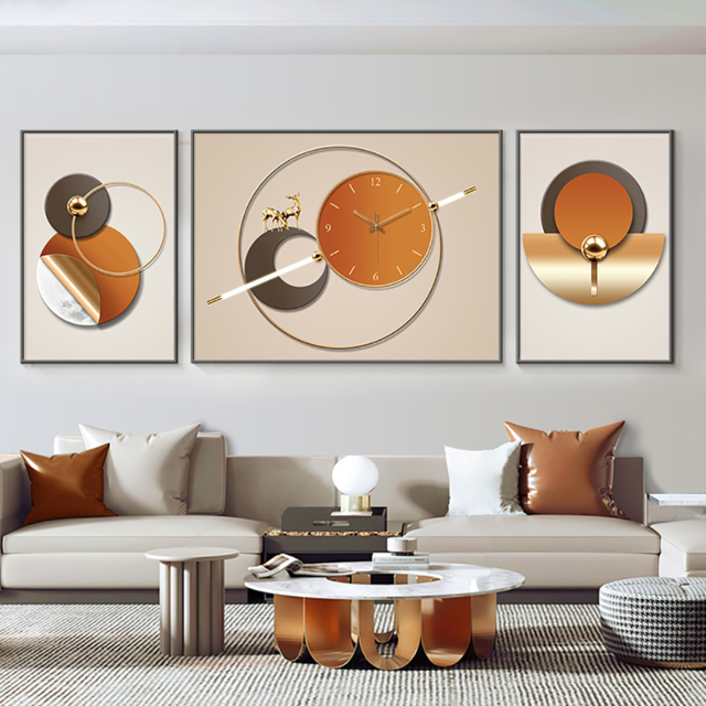 3Pcs Geometric Wall Clock Decor Set Modern Canvas Painting Wall Art with Aluminum Frame - image 1