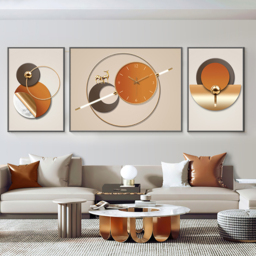 3Pcs Geometric Wall Clock Decor Set Modern Canvas Painting Wall Art with Aluminum Frame - thumbnail 1