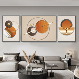 3Pcs Geometric Wall Clock Decor Set Modern Canvas Painting Wall Art with Aluminum Frame - thumbnail 2