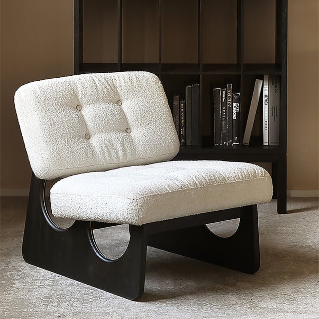 Japandi Boucle Lounge Chair White & Black Accent Chair Ash Wood Upholstery - image 1