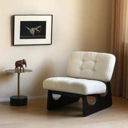 Japandi Boucle Lounge Chair White & Black Accent Chair Ash Wood Upholstery - thumbnail 2