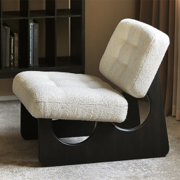 Japandi Boucle Lounge Chair White & Black Accent Chair Ash Wood Upholstery - thumbnail 3