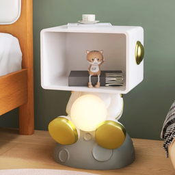 Modern White & Gold Bedroom Bedside Table with Light & Open Storage Astronaut Dimmable Bedside Table