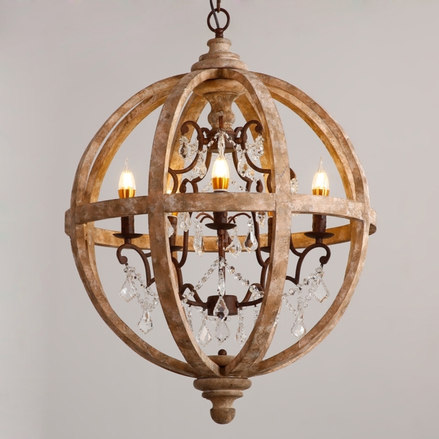 Retro Rustic Weathered Wooden Globe Caged Rust Metal Scroll Crystal 5-Light Chandelier - image 1