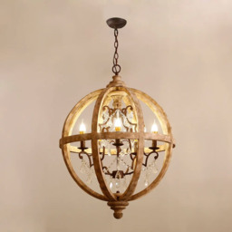 Retro Rustic Weathered Wooden Globe Caged Rust Metal Scroll Crystal 5-Light Chandelier - thumbnail 4