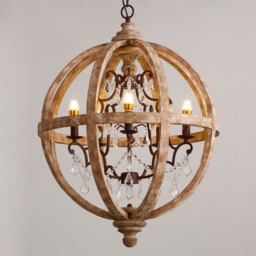 Retro Rustic Weathered Wooden Globe Caged Rust Metal Scroll Crystal 5-Light Chandelier - thumbnail 1