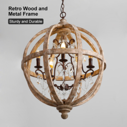 Retro Rustic Weathered Wooden Globe Caged Rust Metal Scroll Crystal 5-Light Chandelier - thumbnail 9