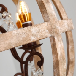 Retro Rustic Weathered Wooden Globe Caged Rust Metal Scroll Crystal 5-Light Chandelier - thumbnail 5