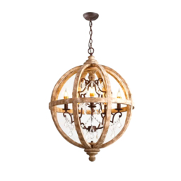 Retro Rustic Weathered Wooden Globe Caged Rust Metal Scroll Crystal 5-Light Chandelier - thumbnail 8