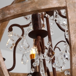 Retro Rustic Weathered Wooden Globe Caged Rust Metal Scroll Crystal 5-Light Chandelier - thumbnail 6