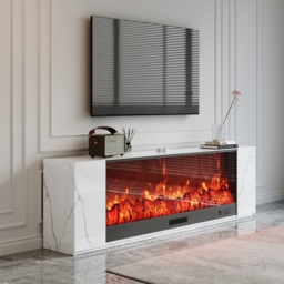 200 cm Modern White Marble Veneer Sintered Stone Electric Fireplace TV Stand with Remote Control Temperature Adjustable - thumbnail 5