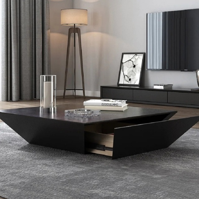 Modern Black Wood Coffee Table with Storage Square Drum with Drawer - image 1