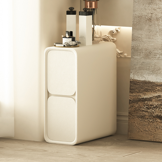 Modern Narrow Off-White Nightstand 2-Drawer Small Bedside Table with PU Leather Set of 2 - image 1