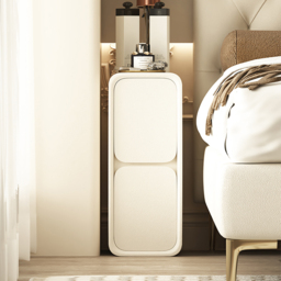 Modern Narrow Off-White Nightstand 2-Drawer Small Bedside Table with PU Leather Set of 2 - thumbnail 2