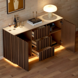 Aura 150 cm Walnut Faux Travertine Top Buffet Sideboard with Ash Wood Slatted Panels & Light - thumbnail 3