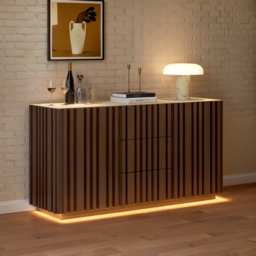 Aura 150 cm Walnut Faux Travertine Top Buffet Sideboard with Ash Wood Slatted Panels & Light