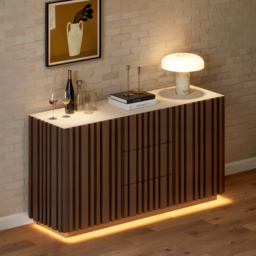 Aura 150 cm Walnut Faux Travertine Top Buffet Sideboard with Ash Wood Slatted Panels & Light - thumbnail 2