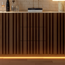 Aura 150 cm Walnut Faux Travertine Top Buffet Sideboard with Ash Wood Slatted Panels & Light - thumbnail 6