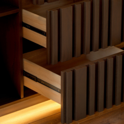 Aura 150 cm Walnut Faux Travertine Top Buffet Sideboard with Ash Wood Slatted Panels & Light - thumbnail 7