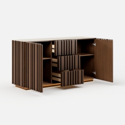 Aura 150 cm Walnut Faux Travertine Top Buffet Sideboard with Ash Wood Slatted Panels & Light - thumbnail 9