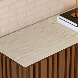 Aura 150 cm Walnut Faux Travertine Top Buffet Sideboard with Ash Wood Slatted Panels & Light - thumbnail 5