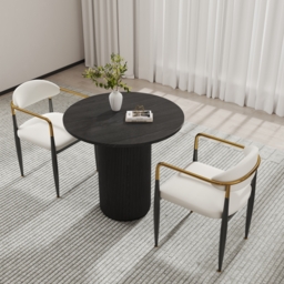 White PU Leather Dining Chairs & Round Small Dining Table Set Black Wood Tabletop - thumbnail 2