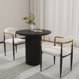 White PU Leather Dining Chairs & Round Small Dining Table Set Black Wood Tabletop - thumbnail 1