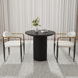 White PU Leather Dining Chairs & Round Small Dining Table Set Black Wood Tabletop - thumbnail 3