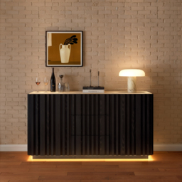 Aura 152 cm Faux Travertine Top Buffet Sideboard with Ash Wood Slatted Panels & Light - thumbnail 4