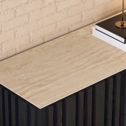Aura 152 cm Faux Travertine Top Buffet Sideboard with Ash Wood Slatted Panels & Light - thumbnail 5