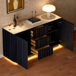 Aura 152 cm Faux Travertine Top Buffet Sideboard with Ash Wood Slatted Panels & Light - thumbnail 3