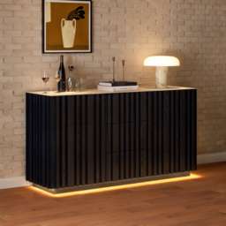 Aura 152 cm Faux Travertine Top Buffet Sideboard with Ash Wood Slatted Panels & Light - thumbnail 1