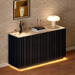 Aura 152 cm Faux Travertine Top Buffet Sideboard with Ash Wood Slatted Panels & Light - thumbnail 2