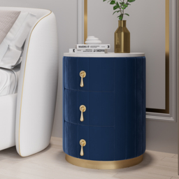 Blue Velvet Nightstand Set of 2 with Storage Round Nightstand with 3 Drawers Stone Top - thumbnail 2