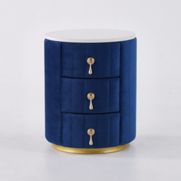 Blue Velvet Nightstand Set of 2 with Storage Round Nightstand with 3 Drawers Stone Top - thumbnail 7