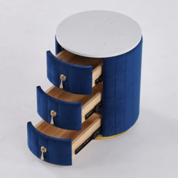 Blue Velvet Nightstand Set of 2 with Storage Round Nightstand with 3 Drawers Stone Top - thumbnail 3