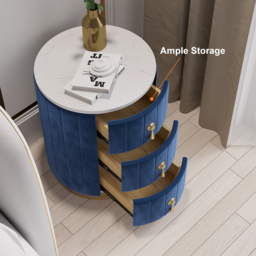 Blue Velvet Nightstand Set of 2 with Storage Round Nightstand with 3 Drawers Stone Top - thumbnail 4