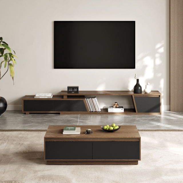 Fero Mid-Century Extendable TV Stand & Block Coffee Table Set - image 1