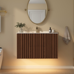 Aura 90 cm Bathroom Vanity with Light Ash Wood Slatted Panels Faux Travertine Top