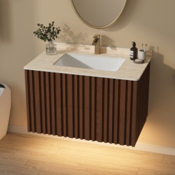 "Aura 36"" Bathroom Vanity with Light Ash Wood Slatted Panels Faux Travertine Top" - thumbnail 2