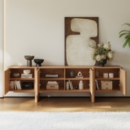 200 cm Solid Wood Fluted Natural TV Stand with Cabinets - thumbnail 3